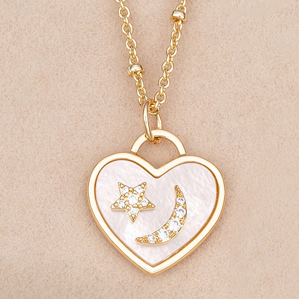 Champagne Gold Necklace with Mother Of Pearl, Heart with Star and Moon